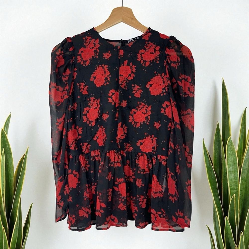 Zara Rose Floral Semi-Sheer Chiffon Puff Sleeve Peplum Blouse - Picture 7 of 12